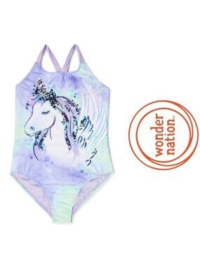 Wonder Nation | Purple Green Bling Unicorn One Piece Swimsuit | Size Medium 7/8